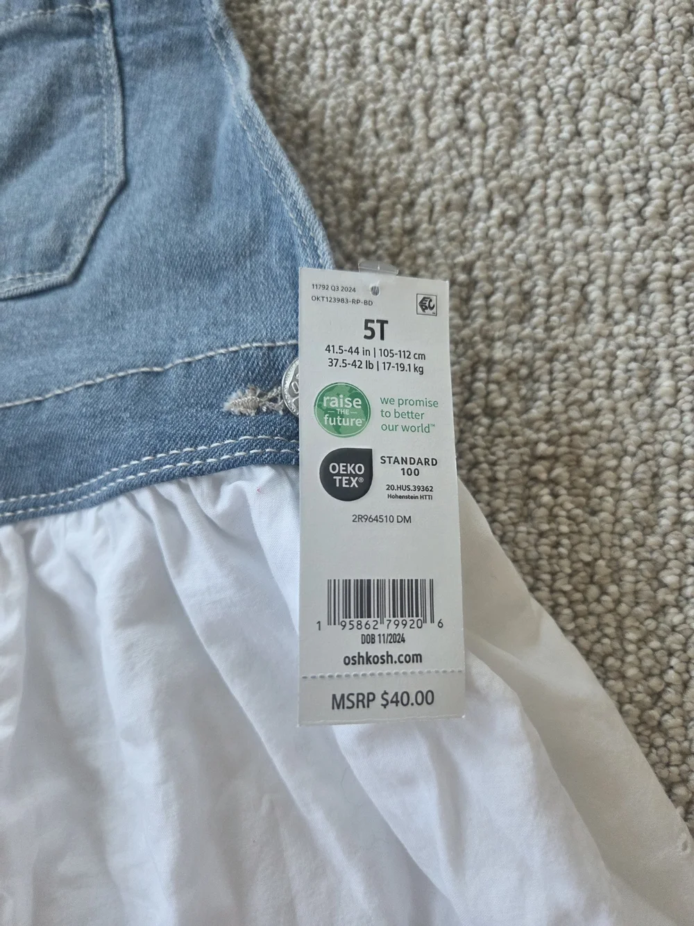 OshKosh B'gosh Blue Denim Overall Dress with White Eyelet Skirt